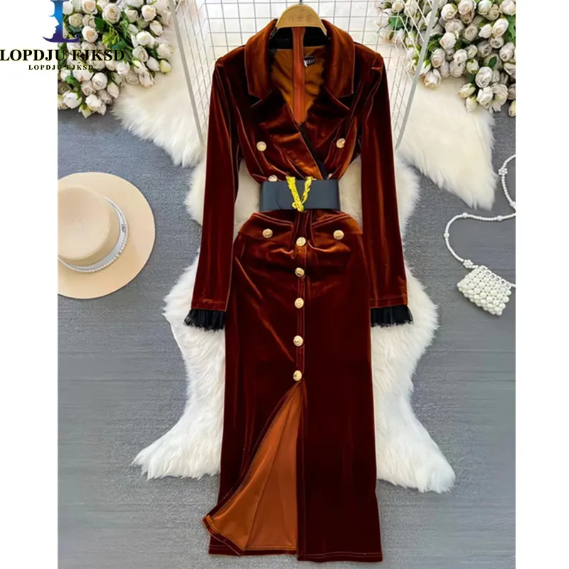 

Corduroy Trumpet Dress for Women,Puff Sleeve,Single Breasted Clothes,England Style,High Quality, Autumn and Winter,2024