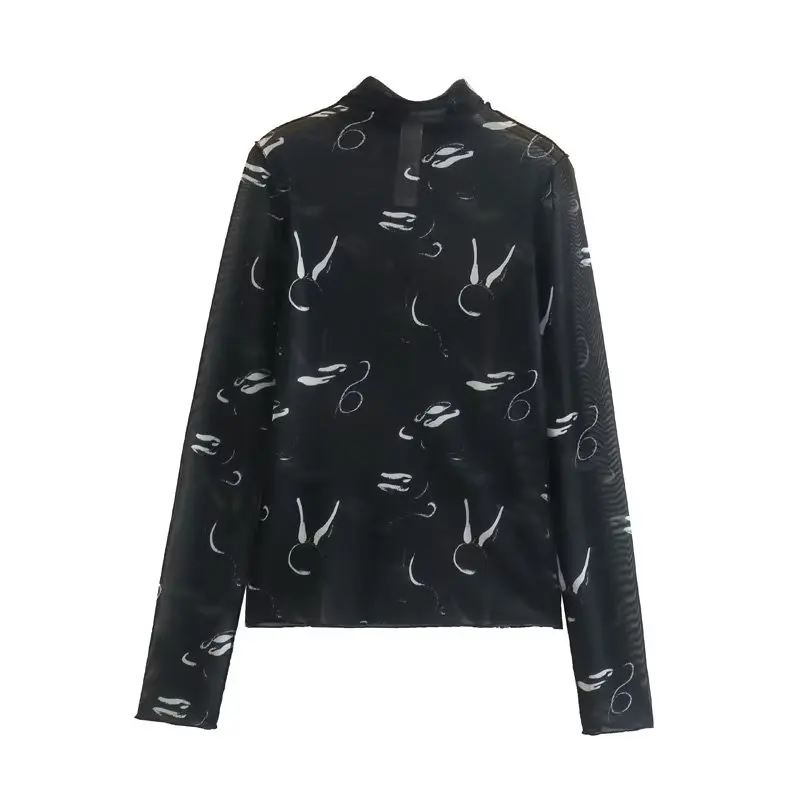 2023 early spring new women's fashion all-match stand-up collar long-sleeved mesh printed translucent T-shirt top
2023 early spring new women's fashion all-match stand-up collar long-sleeved mesh printed translucent T-shirt top