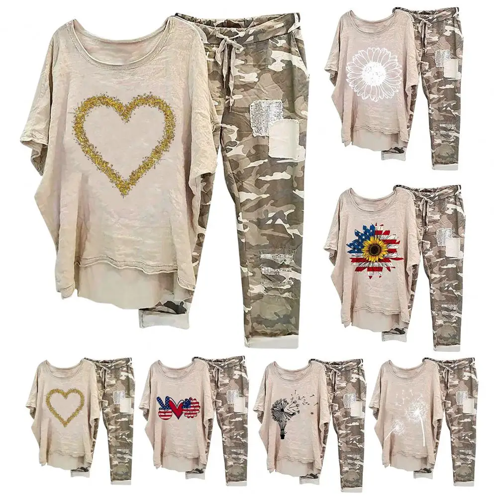 Women Casual Outfit Flower Camouflage Print Women's Top Pants Set with Irregular Hem Short Sleeves Drawstring Waist 2 for Ladies
Women Casual Outfit Flower Camouflage Print Women's Top Pants Set with Irregular Hem Short Sleeves Drawstring Waist 2 for Ladies