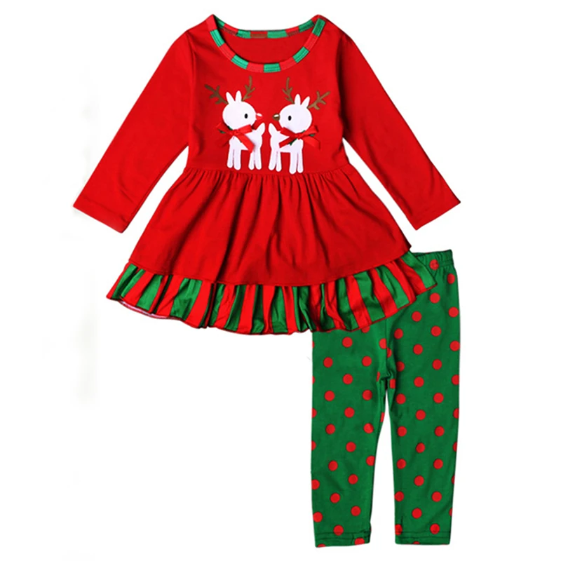 

2Piece Christmas Clothes Girls Outfit Sets Cartoon Cute Deer Long Sleeve Baby Tops+Dot Pants Children Boutique Clothing BC1092