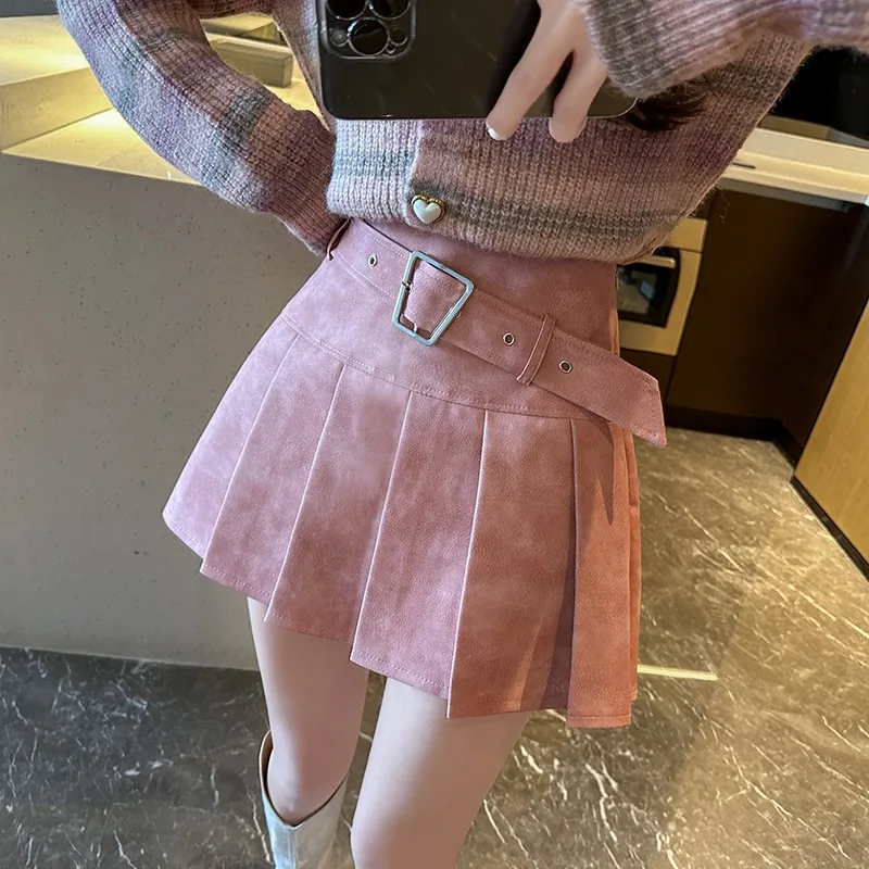 

Stylish And Trendy Pink Pleated Mini Skirt For Women American Spicy Girl Style Autumn Workwear A Line High Waist Slimming Pu Lea