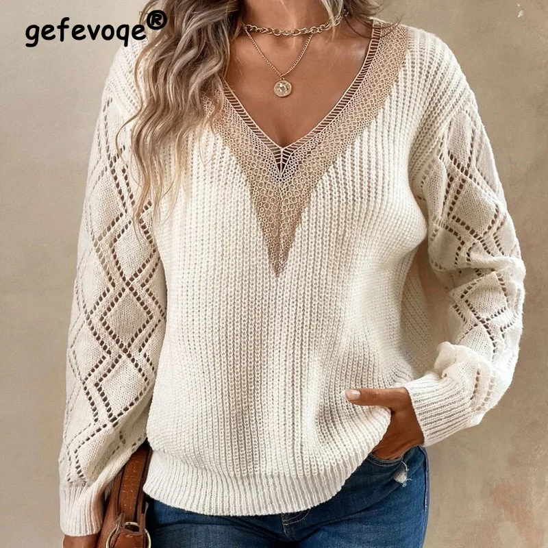 Autumn Winter V-neck Lace Patchwork Sweater Women Loose Casual Fashion All-match Knitted Pullovers Ladies Hollow Out Jumpers Top
Autumn Winter V-neck Lace Patchwork Sweater Women Loose Casual Fashion All-match Knitted Pullovers Ladies Hollow Out Jumpers Top