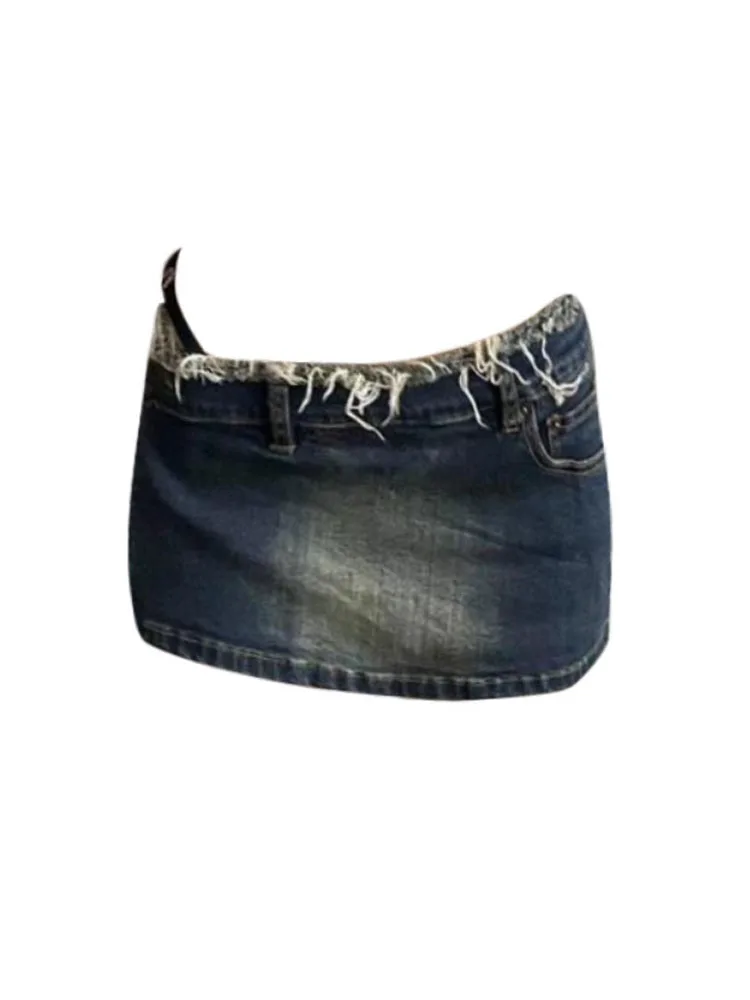 

Женская джинсовая трапециевидная юбка Y2k, одежда в стиле Харадзюку, Корейская Повседневная шикарная модная винтажная промытая синяя джинсовая юбка с необработанными краями