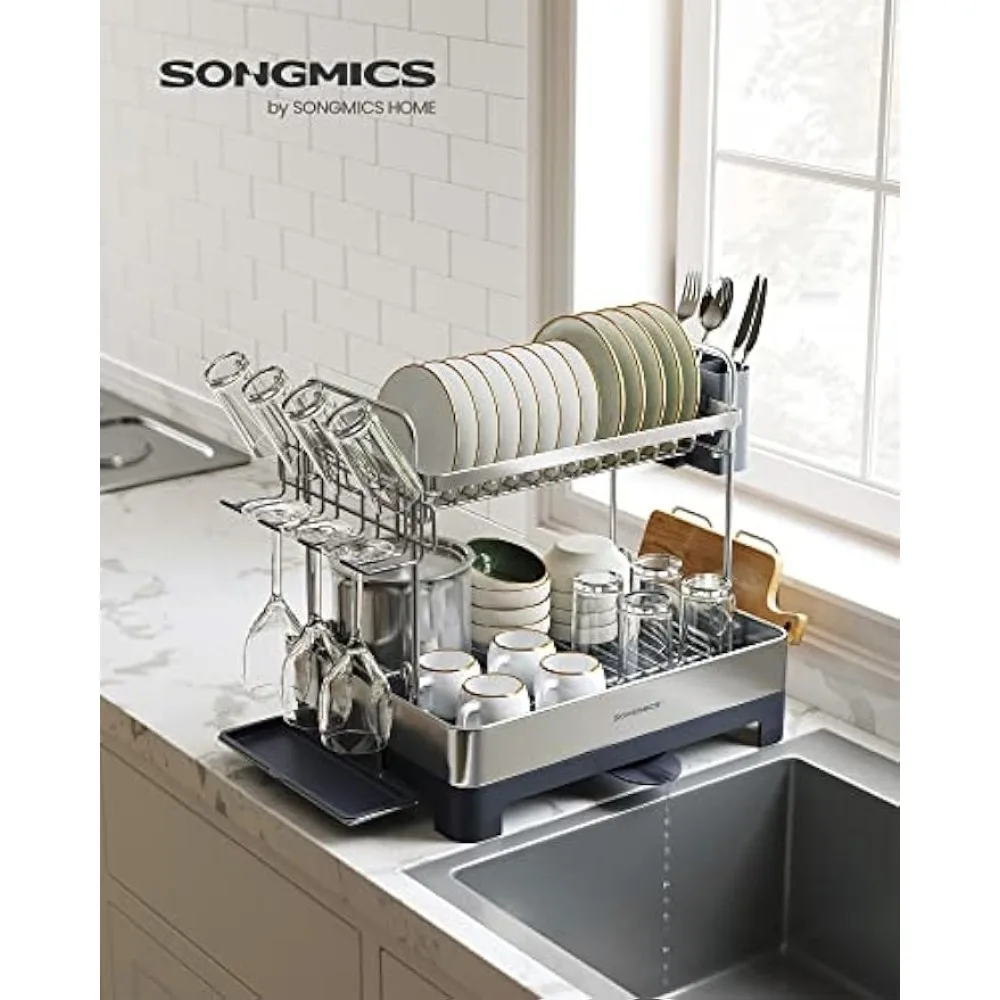 

SONGMICS Dish Drying Rack - 2 Tier Dish Rack for Kitchen Counter with Rotatable and Extendable Drain Spout, Dish Drainer