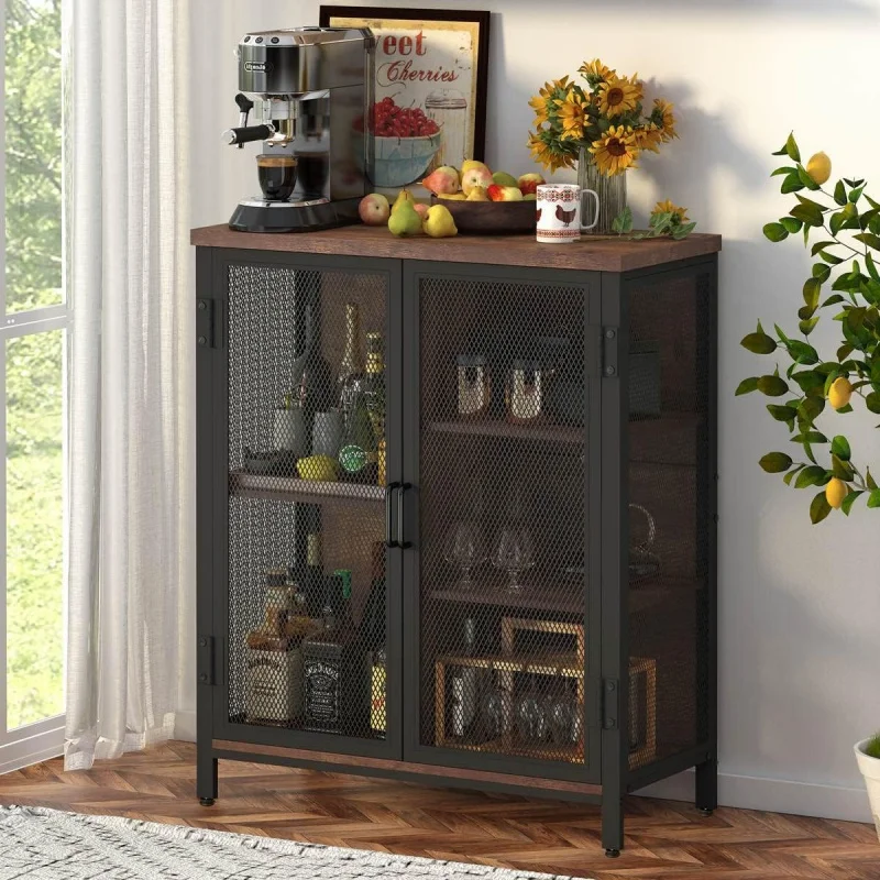 

BON AUGURE Small Coffee Bar Cabinet for Liquor and Wines, Rustic Industrial Accent Cabinet with Storage, Farmhouse Small Buffet