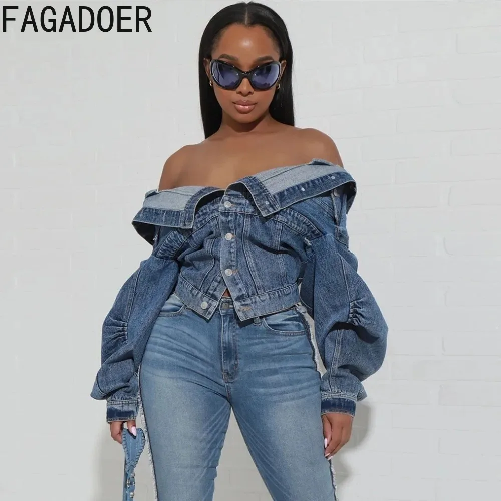 

FAGADOER Blue Vintage Fashion Y2K Denim Coats Women Turndown Collar Long Sleeve Slim Crop Top Autumn Lady Cowboy Matching Jacket