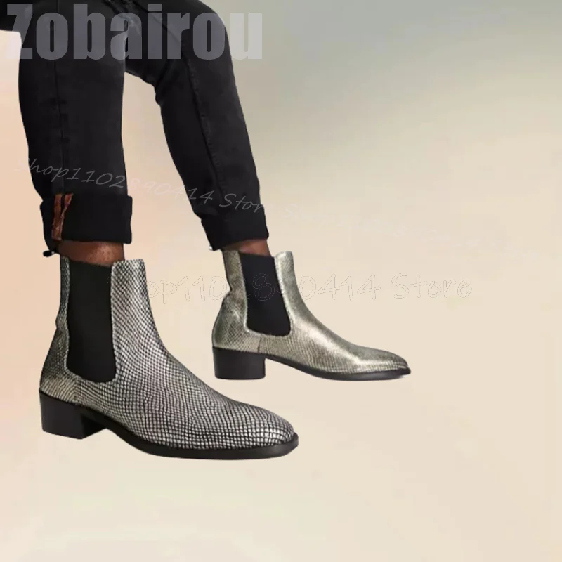 

Silver Lychee Print Pointed Toe Ankle Boots Fashion Slip On Men Boots Luxurious Handmade Party Banquet Office Men Dress Shoes