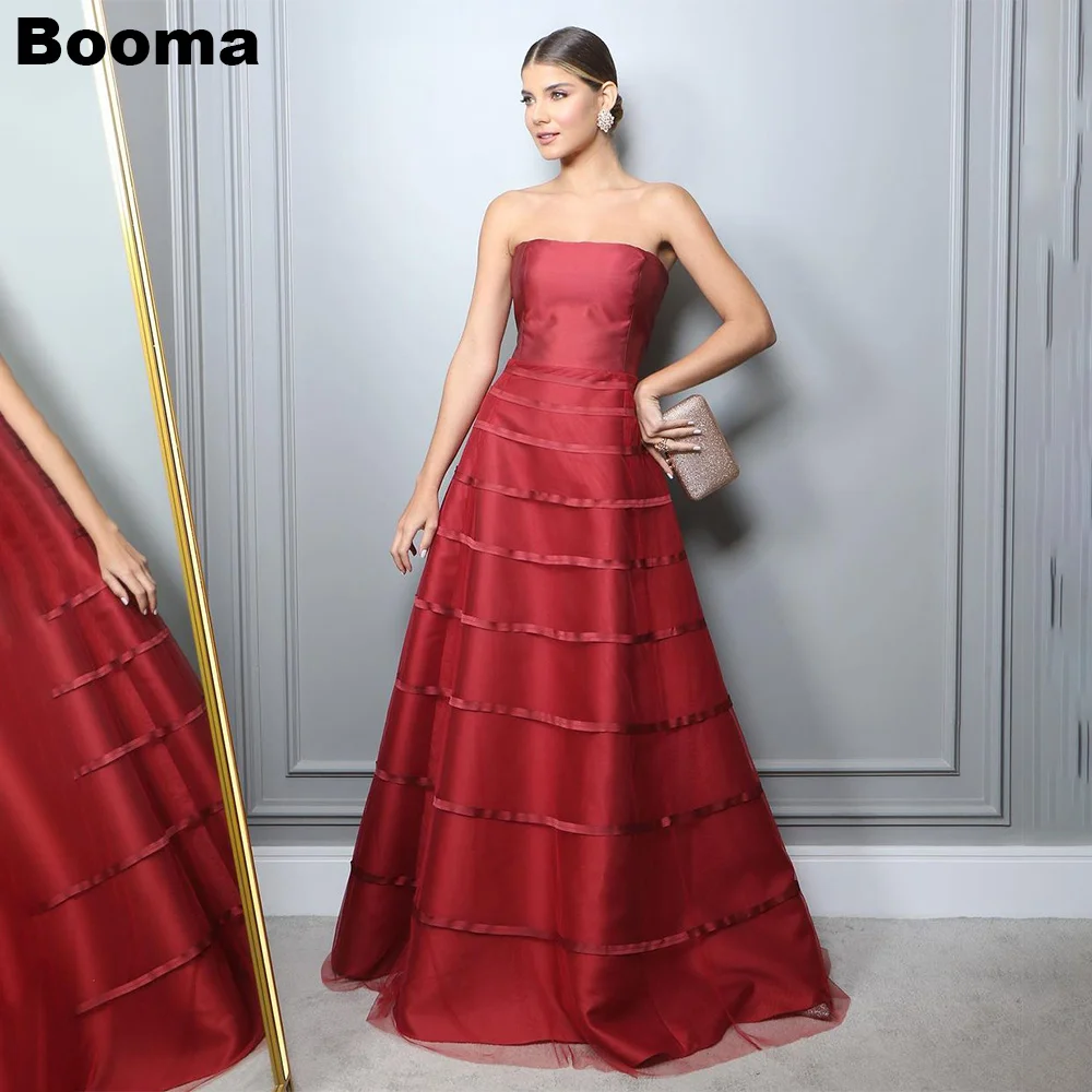 

Booma Red A Line Organza Women's Evening Dresses Strapless Formal Events Dresses Night Party Prom Gowns formales vestidos