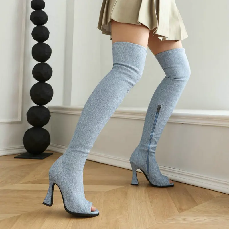 Sexy Autumn Spring Denim Jeans Blue Women Overknees Strange High Heels Shoes Peep Toe Over-the-knee Long Stretch Thigh Boots
Sexy Autumn Spring Denim Jeans Blue Women Overknees Strange High Heels Shoes Peep Toe Over-the-knee Long Stretch Thigh Boots
