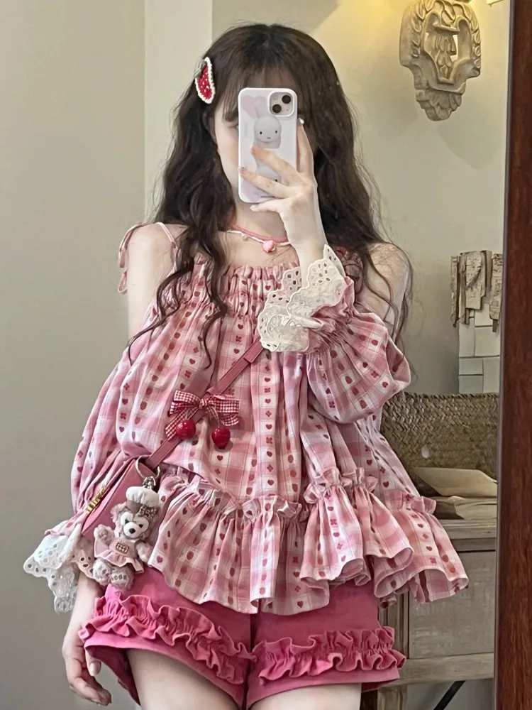 

ADAgirl Kawaii Pink Strapless Top Off Shoulder Long Sleeve Lace-up Y2k Tops Sweet Japan Cutecore Aesthetic Clothing for Summer