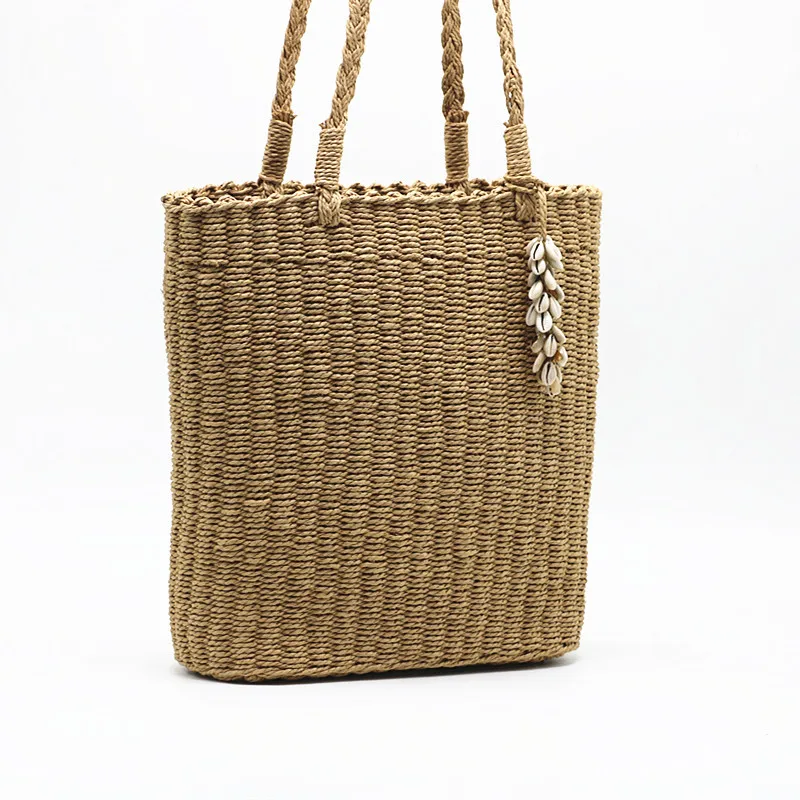 

Shell Square Straw Woven Single Shoulder Woven Bag, Camel Colored Large Handbag