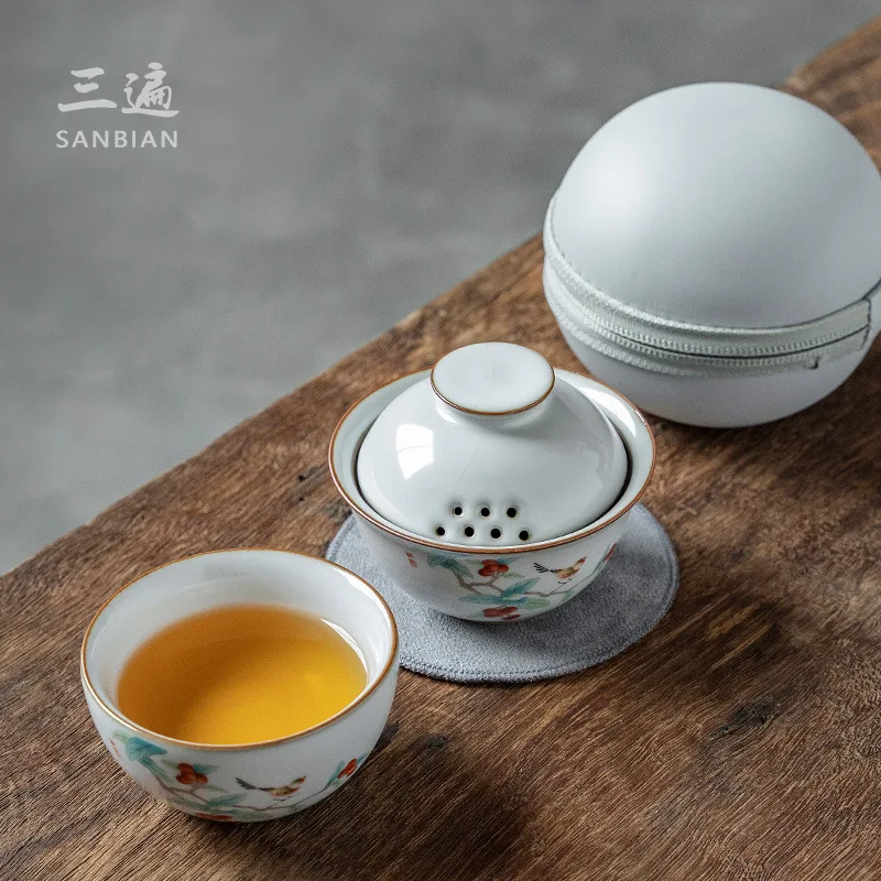 

★★Moon White Ru Kiln Convenient Tea Cup Set One Pot One Cup Single Person Portable Travel Porcelain Kung Fu Tea Set Suit Househo