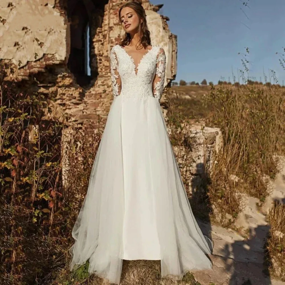 Mermaid Wedding Dress 2024 White V-Neck Long Sleeve Backless Lace Applique Tulle Bridal Gown Detachable Train Vestidos De Novia
Mermaid Wedding Dress 2024 White V-Neck Long Sleeve Backless Lace Applique Tulle Bridal Gown Detachable Train Vestidos De Novia