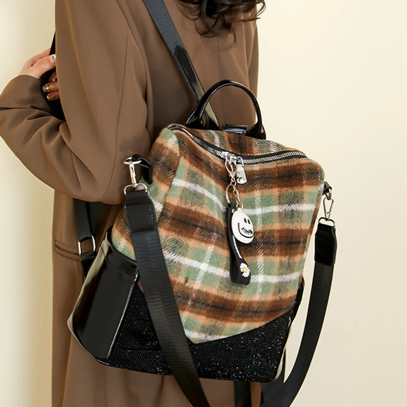 

Вместительный женский рюкзак из шерстяной ткани, клетчатый Повседневный школьный ранец для девочек, модная дамская Дорожная сумка на ремне
