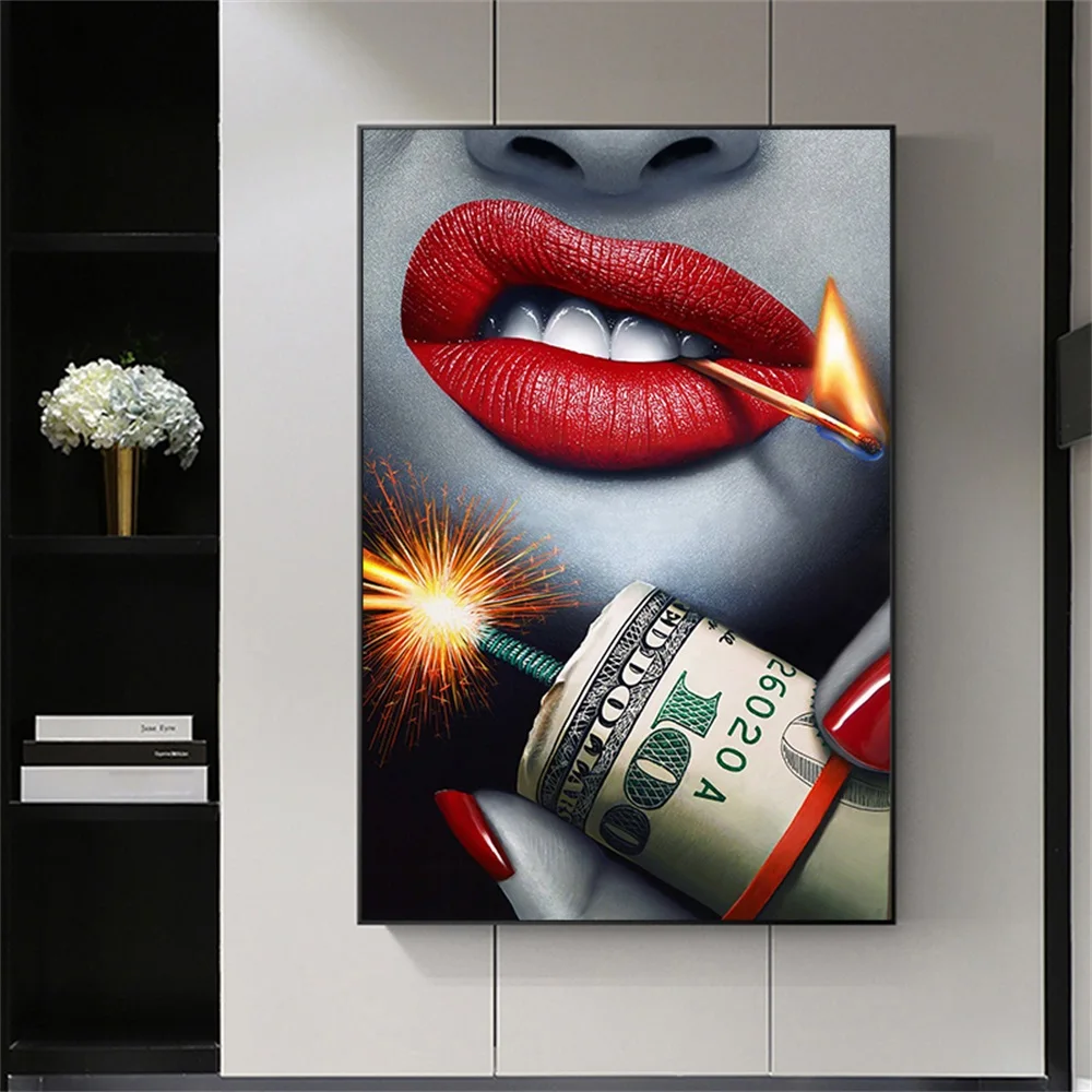 

Red Sexy Lips with Money Canvas Painting Abstract Poster and Prints Pop Wall Art Pictures for Living Room Home Decoration