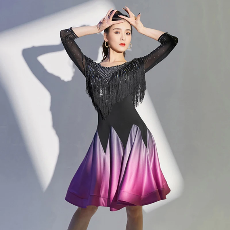Competition One-Piece Latin Dance Dresses Women Salsa Samba Stretchy Dress Half Sleeves Girls Fringes Costume Satin Skirt
Competition One-Piece Latin Dance Dresses Women Salsa Samba Stretchy Dress Half Sleeves Girls Fringes Costume Satin Skirt