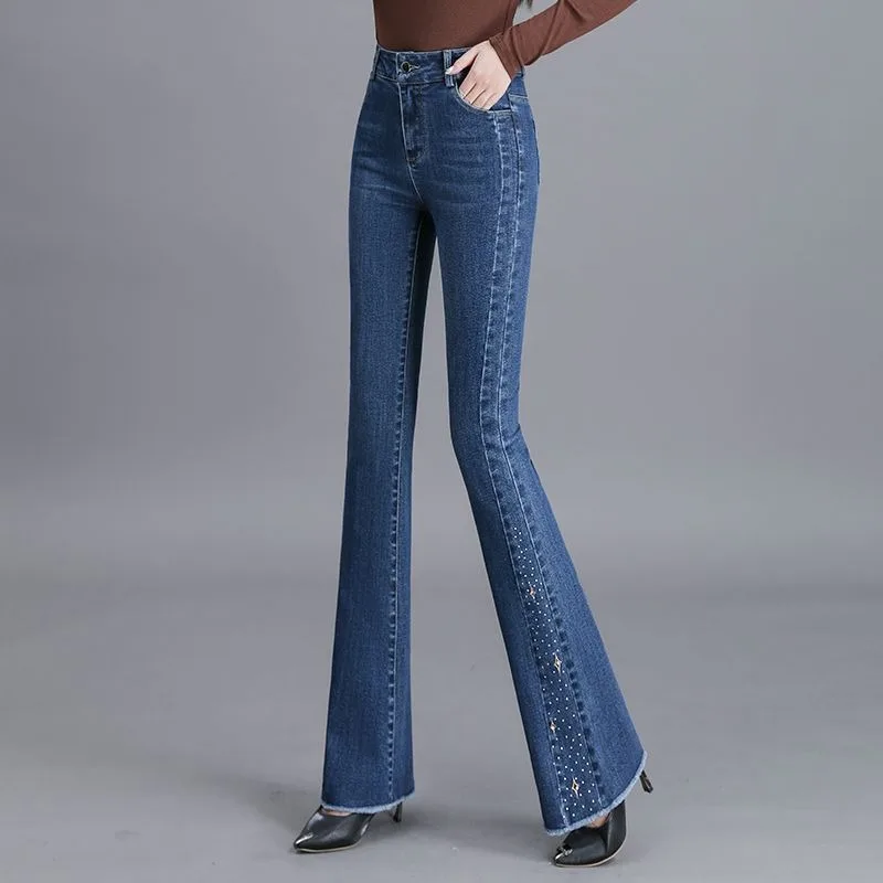 

Full Length Spring Autumn Jeans Female Joker Micro Flared Pantalones Elastic Slim High Waist Burrs Street Fashion Denim Trousers