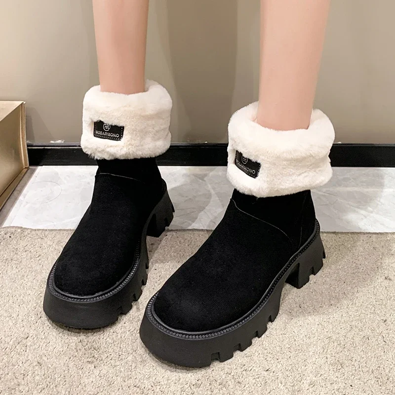 

Женские теплые ботинки с круглым носком, однотонные плюшевые ботинки на флисе с коротким рукавом, с квадратным носком, модная обувь для женщин на зиму, 2023