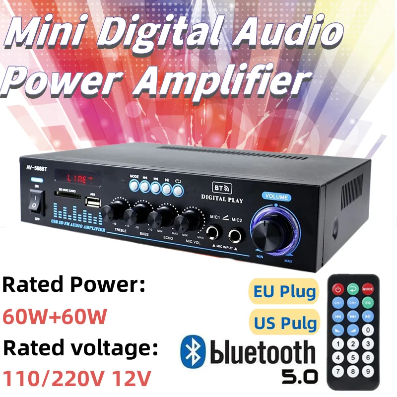 60W+60W Car Home Mini Digital Amplifiers 12V Bass Audio Power Bluetooth AMP Hifi FM Subwoofer Speakers (US/EU Plug)
60W+60W Car Home Mini Digital Amplifiers 12V Bass Audio Power Bluetooth AMP Hifi FM Subwoofer Speakers (US/EU Plug)