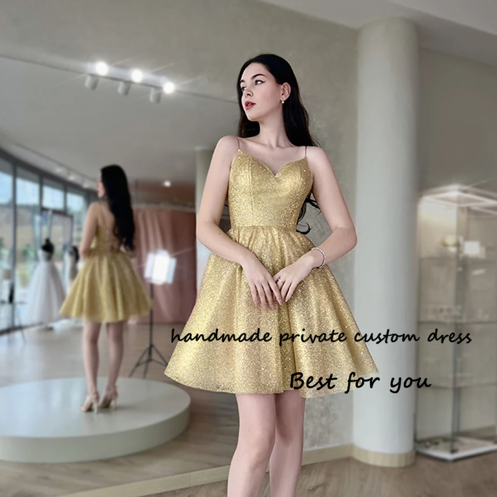 

Sparkly Gold Sequin Short Homecoming Prom Dresses for Teens V Neck Spaghetti Straps Evening Party Dress Backless Party Gown