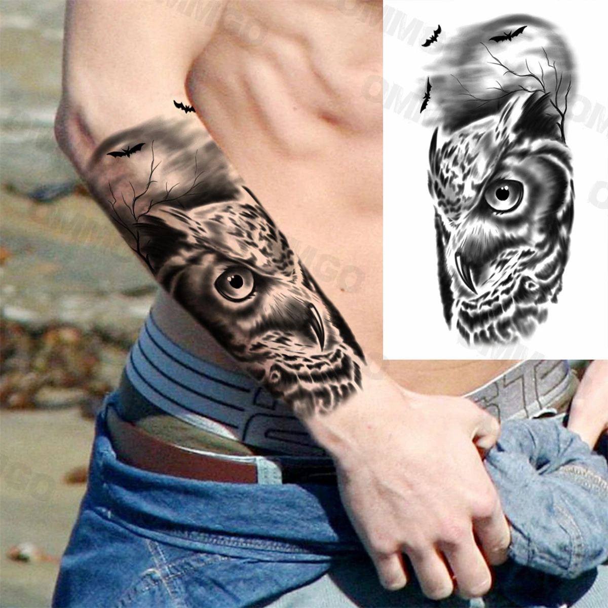 

Black Owl Forearm Temporary Tattoos For Men Adult Women Wolf Tiger Lion Rose Flower Fake Tattoo Realistic Body Art Tatoos Paper