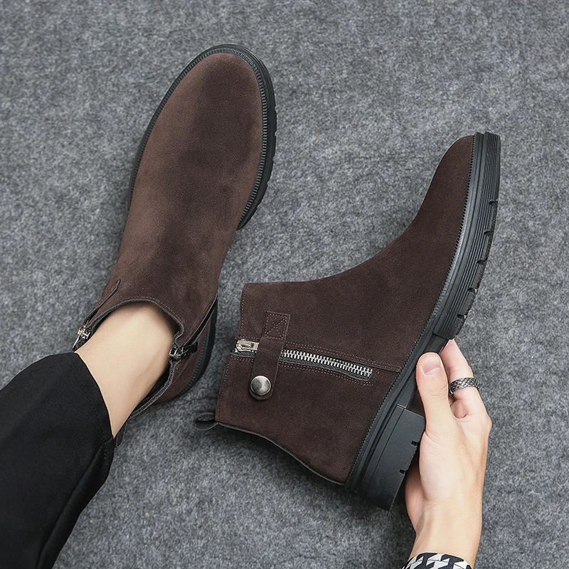 

Boots Chelsea Cow Suede Leather Mens Ankle Shoes Fashion Trend Man Business Wearable Slip-on Height Increase Sole Side Zippered