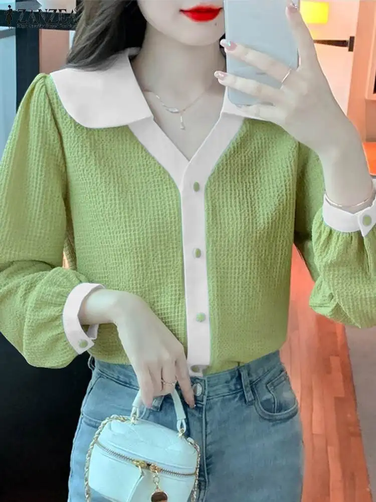 

ZANZEA 2024 Spring Lapel Tops Fashion Patchwork Shirt Women Office Textured Fabric Blouse Elegant Buttons Long Puff Sleeve Tunic