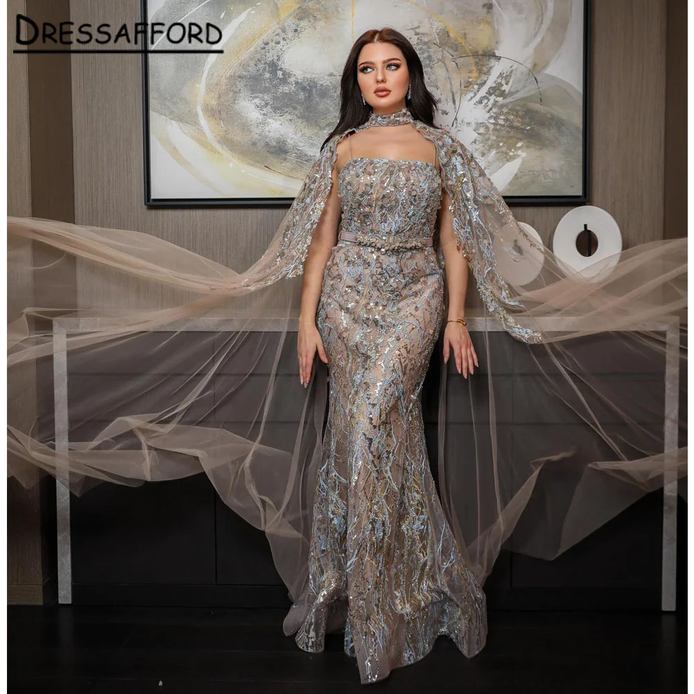 

Dubai Arabic Luxury Nude A Line Beaded Evening Dresses With Cape Sleeves Gowns For Women Wedding Party