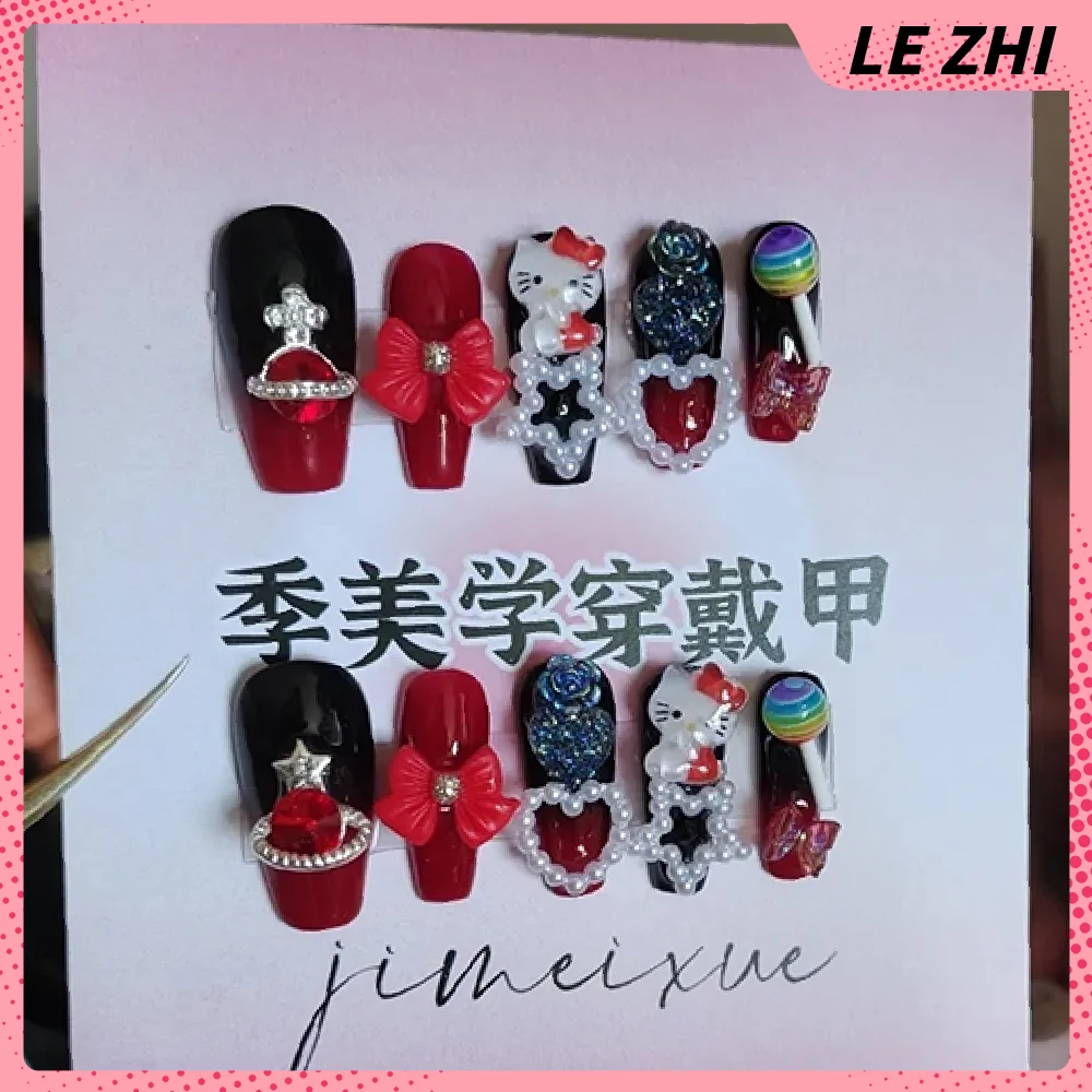 

Fashion Hello Kitty New Year Red Artifical Press on Nail Gothic Pearl Ruby Decor Detachable Reusable Full Cover Nail Bridal Gift