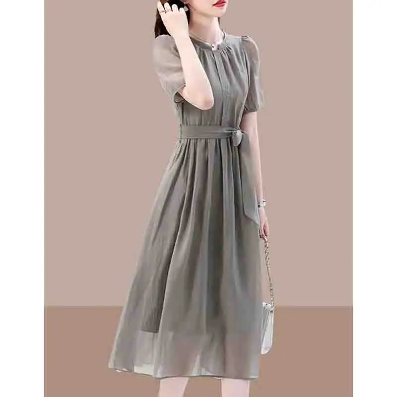 

Advanced Sense Women Summer Fashion Solid Color Round Neck Dress 2024 Lady Korean Self Cultivation Appear Thin Unique Long Skirt