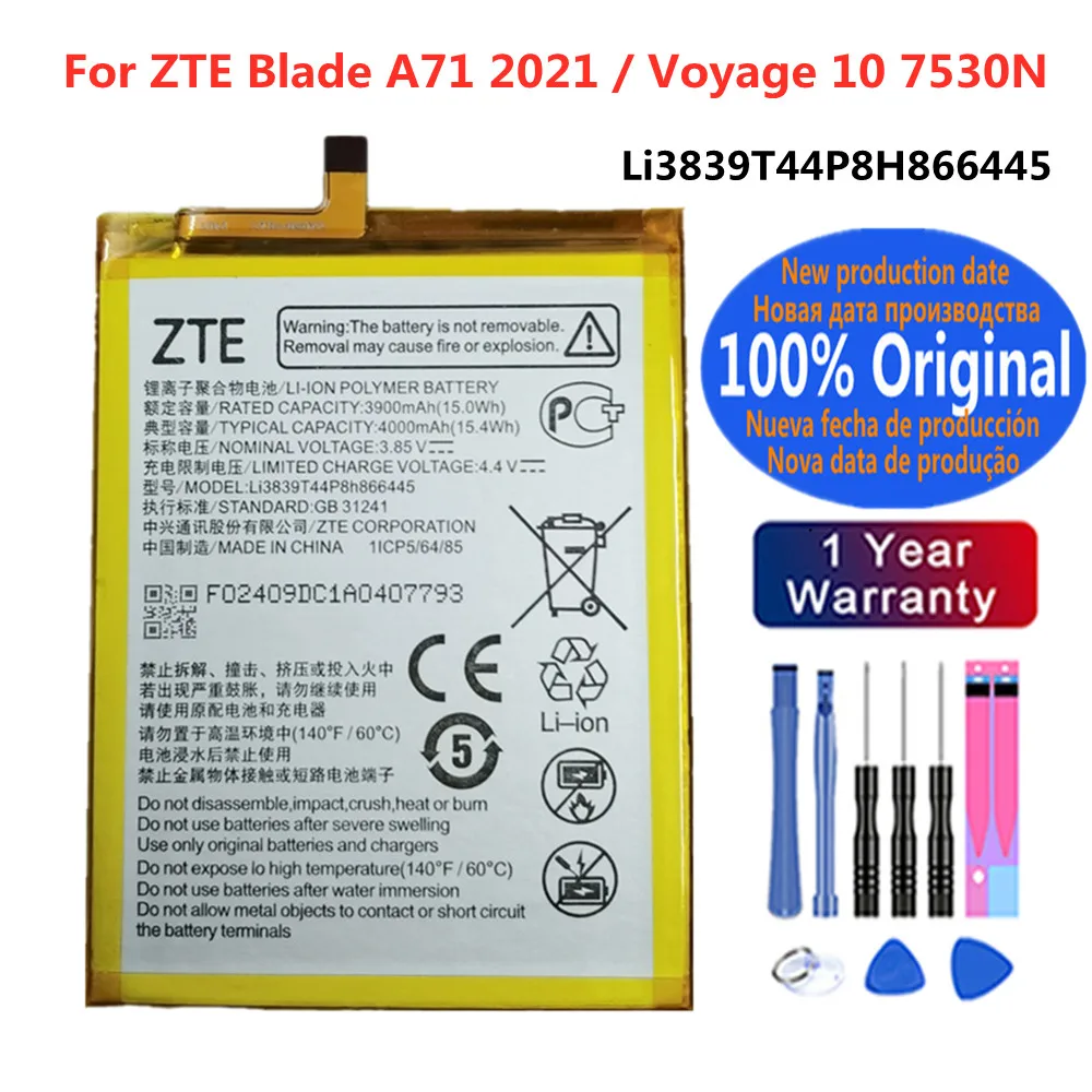 Li3839T44P8h866445 4000 мАч Оригинальный аккумулятор для ZTE Voyage 10 7530N / Blade A71 2021 Сменный аккумулятор для телефона аккумулятор + Инструменты
Li3839T44P8h866445 4000 мАч Оригинальный аккумулятор для ZTE Voyage 10 7530N / Blade A71 2021 Сменный аккумулятор для телефона аккумулятор + Инструменты