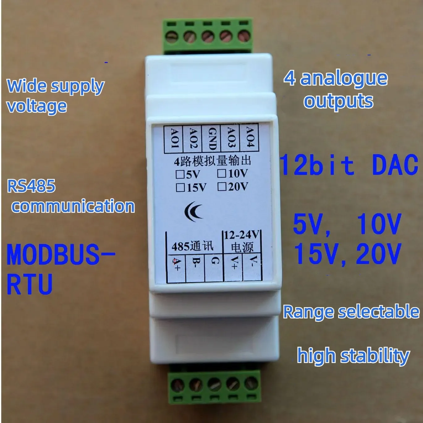 RS485 коллекционная карточка в аналоговый Напряжение Выход 4 Каналы 5/10/15/20V, MODBUS-RTU, 12-24
RS485 коллекционная карточка в аналоговый Напряжение Выход 4 Каналы 5/10/15/20V, MODBUS-RTU, 12-24