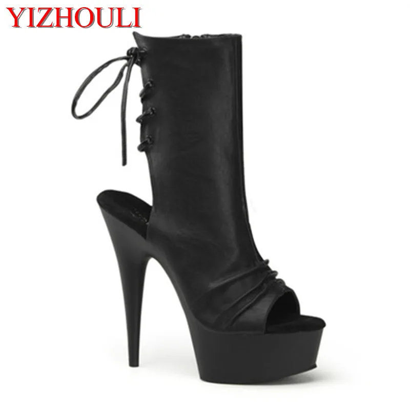 

15cm summer sexy women 's peep toe high heel boots fashion Hollow out black lace-up soft leather sexy ladies dance shoes