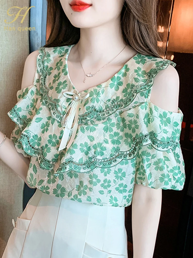 

H Han Queen Summer Basic Shirt Women's Elegant Blouse Vintage Prints Off The Shoulder Casual Tops Chiffon Korean Loose Blouses