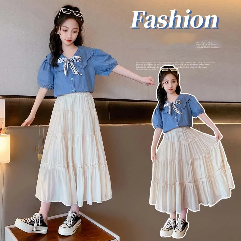 

JUCPKID 2024 Summer School Girl Clothing Set Teenager Girl Denim Peter Pan Collar T-shirt+Gauze Cake Skirt Sets For Children