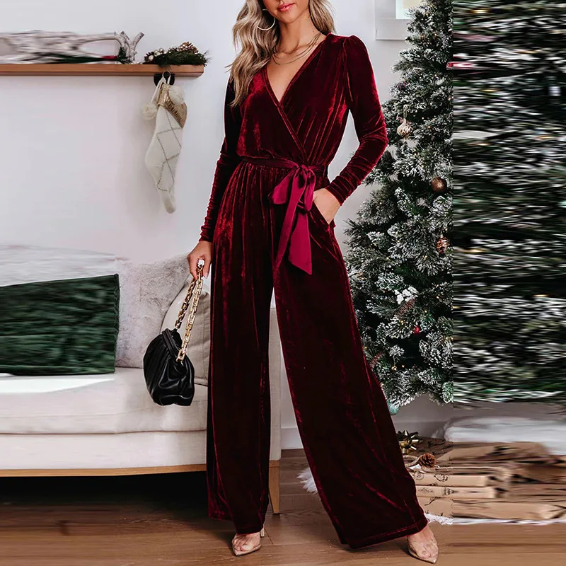 

Fall 2024 New Solid Color Velvet Wide-leg Pants Women's European and American Temperament Commuting Style Lace-up Jumpsuit Zara