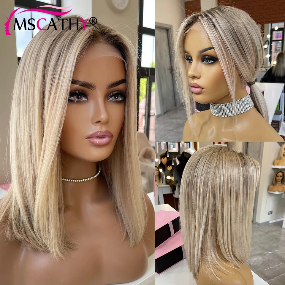 

13x4 Ash Blonde Highlight Lace Front Wig Short Straight Bob Brown Human Hair Wigs HD Transparent Lace Frontal Wigs Preplucked
