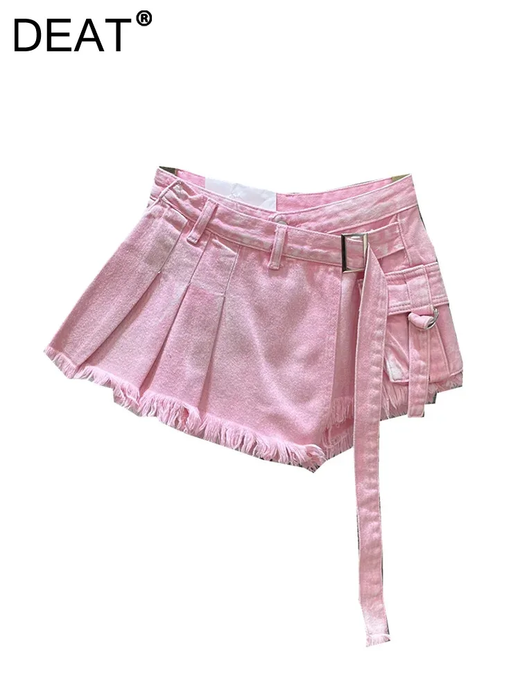 

DEAT Women Denim Shorts Skirts Fake 2 Pcs Asymmetric Patchwork Burrs Belt Waist Pink Mini Skirt 2024 Summer New Fashion 11XX1798