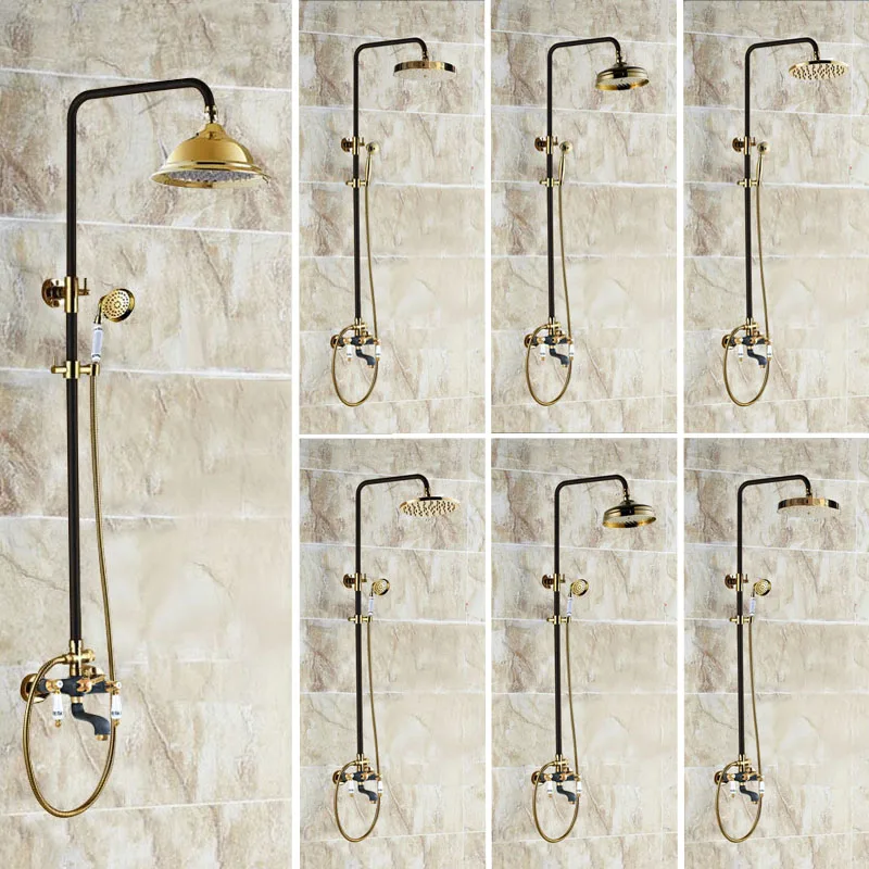 

Gold & Black Oil Rubbed Brass Wall Mounted Bathroom Dual Handles 8" Inch Rain Shower Head Faucet Set Bath Tub Mixer Tap azh406