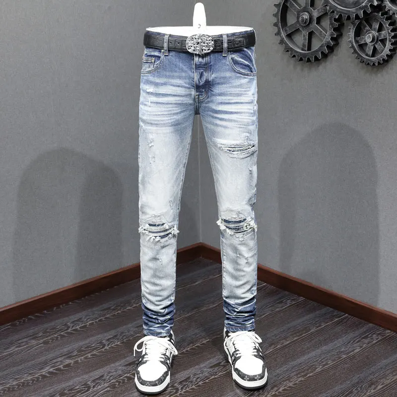 

High Street Fashion Men Jeans Retro Light Blue Stretch Skinny Fit Ripped Jeans Men Patched Designer Hip Hop Brand Pants Hombre