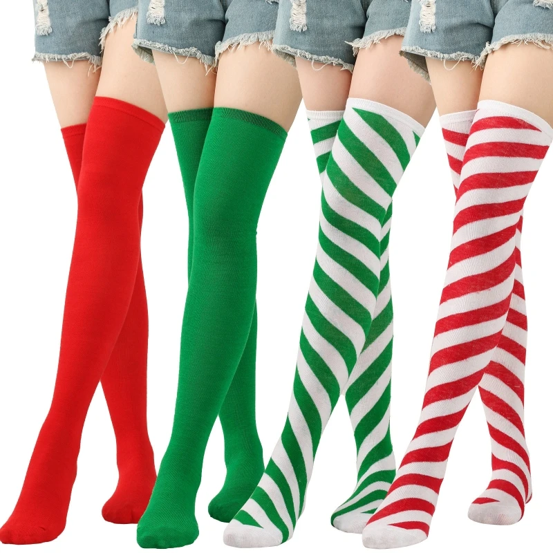 

Y166 Women Girls Over Knee Long Socks Christmas Diagonal Striped Print Christmas Thigh High Stockings Holiday Party Hosiery