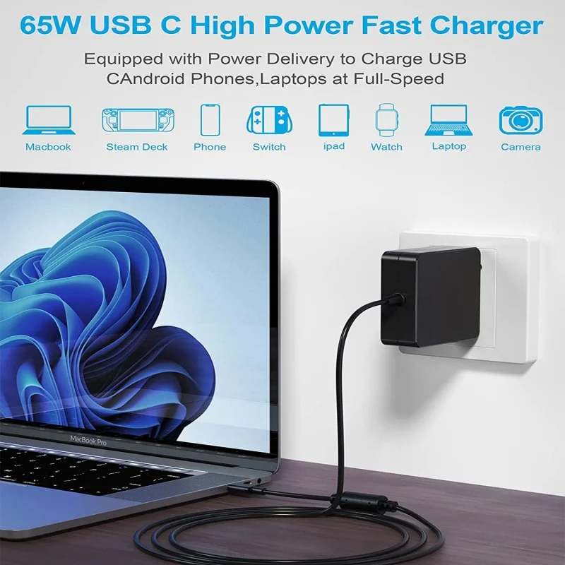 

65W USB C Power Adapter Type C Charger For Mac Book Pro, Dell Latitude, Lenovo, Huawei Matebook, HP Spectre, Acer Chromebook