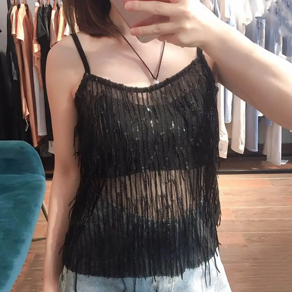 Sexy Sling Tops With Adjustable Straps V-Neck Sleeveless Vest Shiny Sequins Tassel Decoration See-Through Suspender Top
Sexy Sling Tops With Adjustable Straps V-Neck Sleeveless Vest Shiny Sequins Tassel Decoration See-Through Suspender Top
