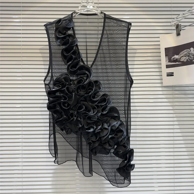

French Fashion Women Black White Sheer Shirt Vest Sexy Sleeveless 3D Flower Irregular Blouse New Design Transparent Slim Top