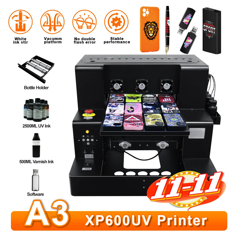 

XP600 UV DTF Printer A3 UV Impresora DTF UV Printing Machine for UV DTF Transfer Stickers with Rotary Holder UV Flatbed Printer