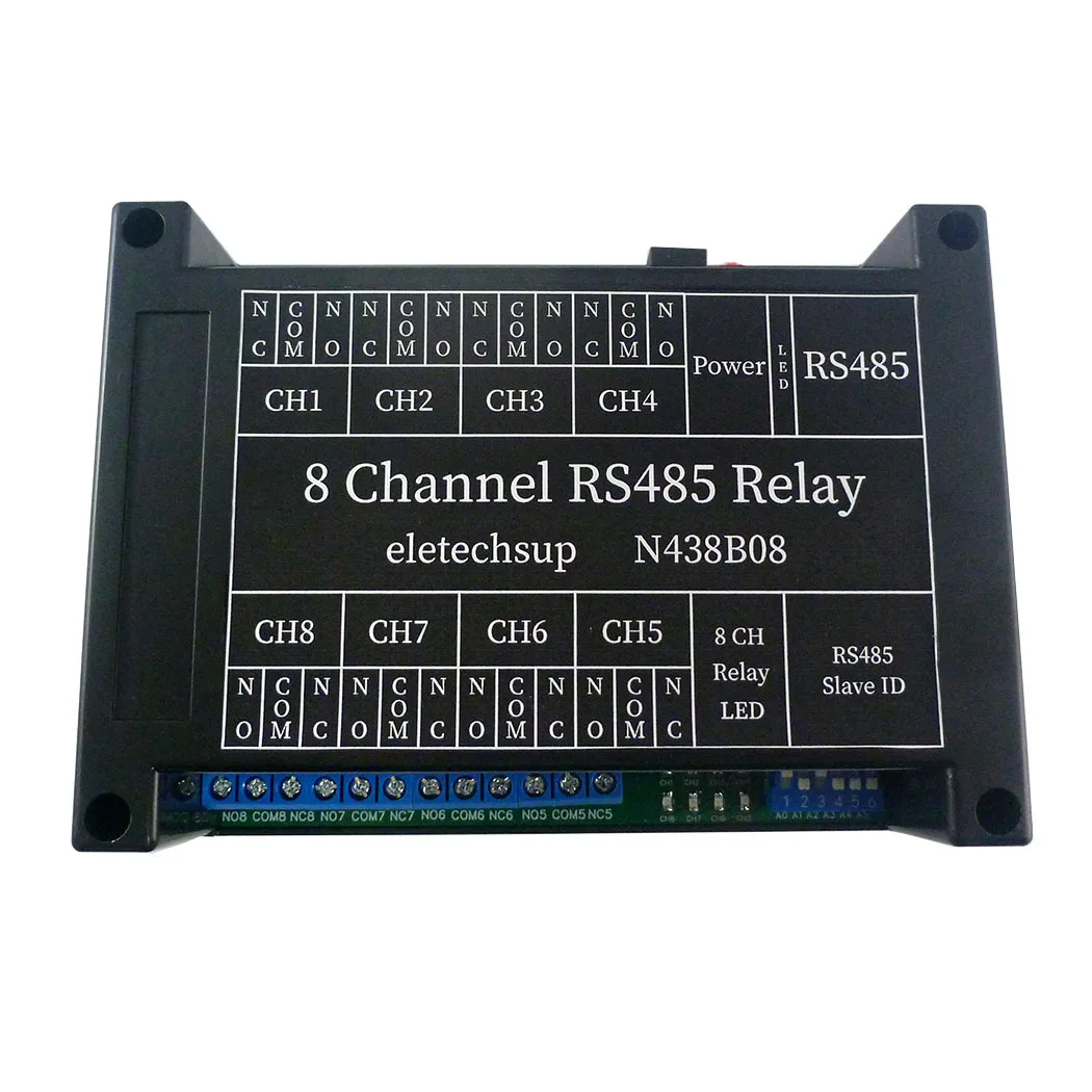 

DC 12V RS485 Relay Board N438B08 8CH PC UART Serial Port Switches RTU 03 06 16 Function Code DIN Shell Switch with TVS Protected