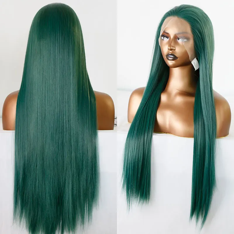 

Dark Green Straight Synthetic 13X4 Lace Front Wigs Glueless Heat Resistant Fiber Natural Hairline Free Parting For Black Women