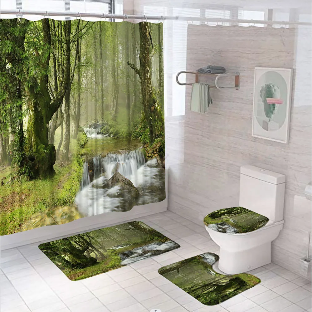 

Misty Forest Waterfall Stream Shower Curtain Set Scenery Tree Bathroom Curtains Non-Slip Bath Mat Pedestal Rug Lid Toilet Covers