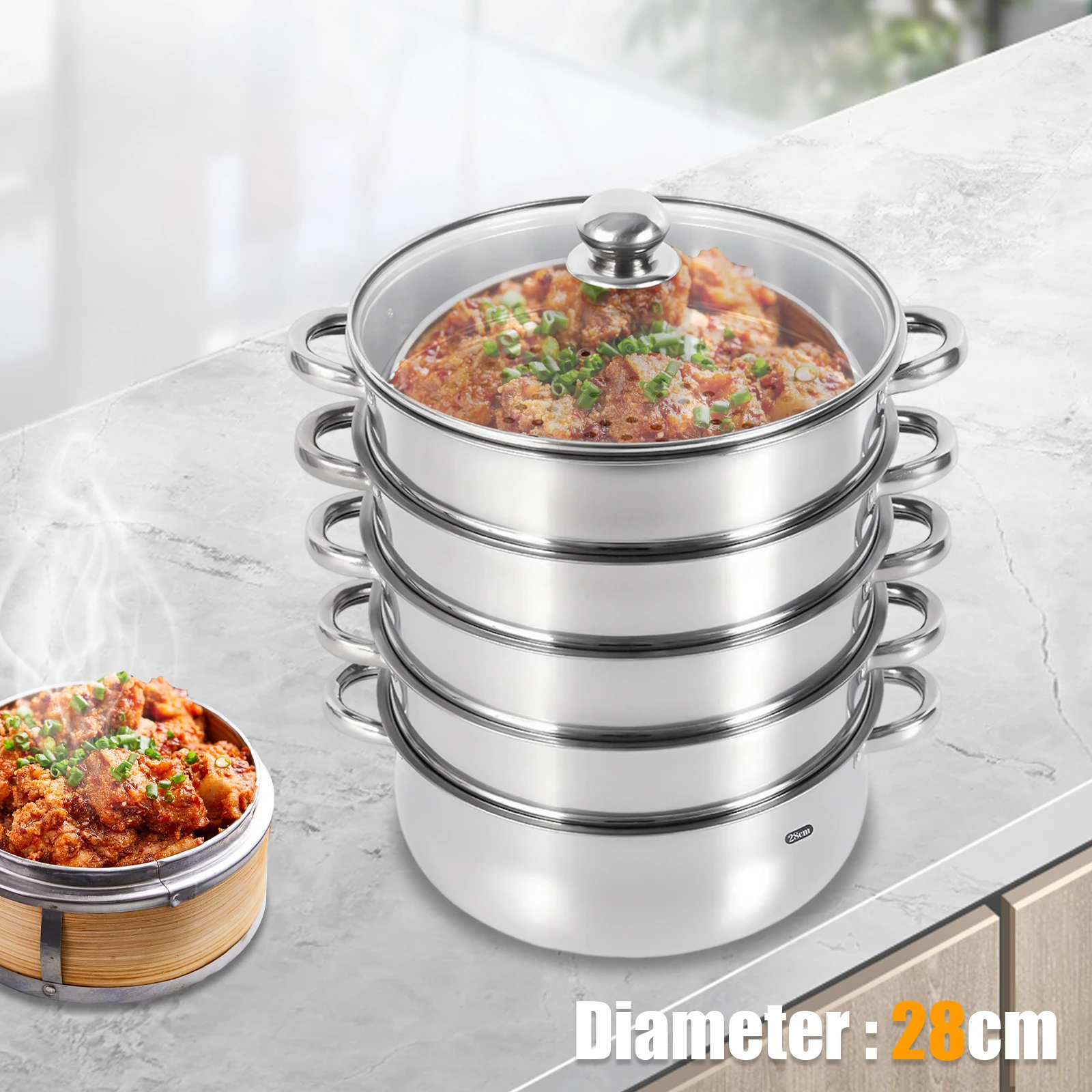 Stainless Steel Steamer Cook Pot 5 Tier 28cm Vegetable Steamer concentrated heat-conduction with Glass Lid Large Capacity
Stainless Steel Steamer Cook Pot 5 Tier 28cm Vegetable Steamer concentrated heat-conduction with Glass Lid Large Capacity