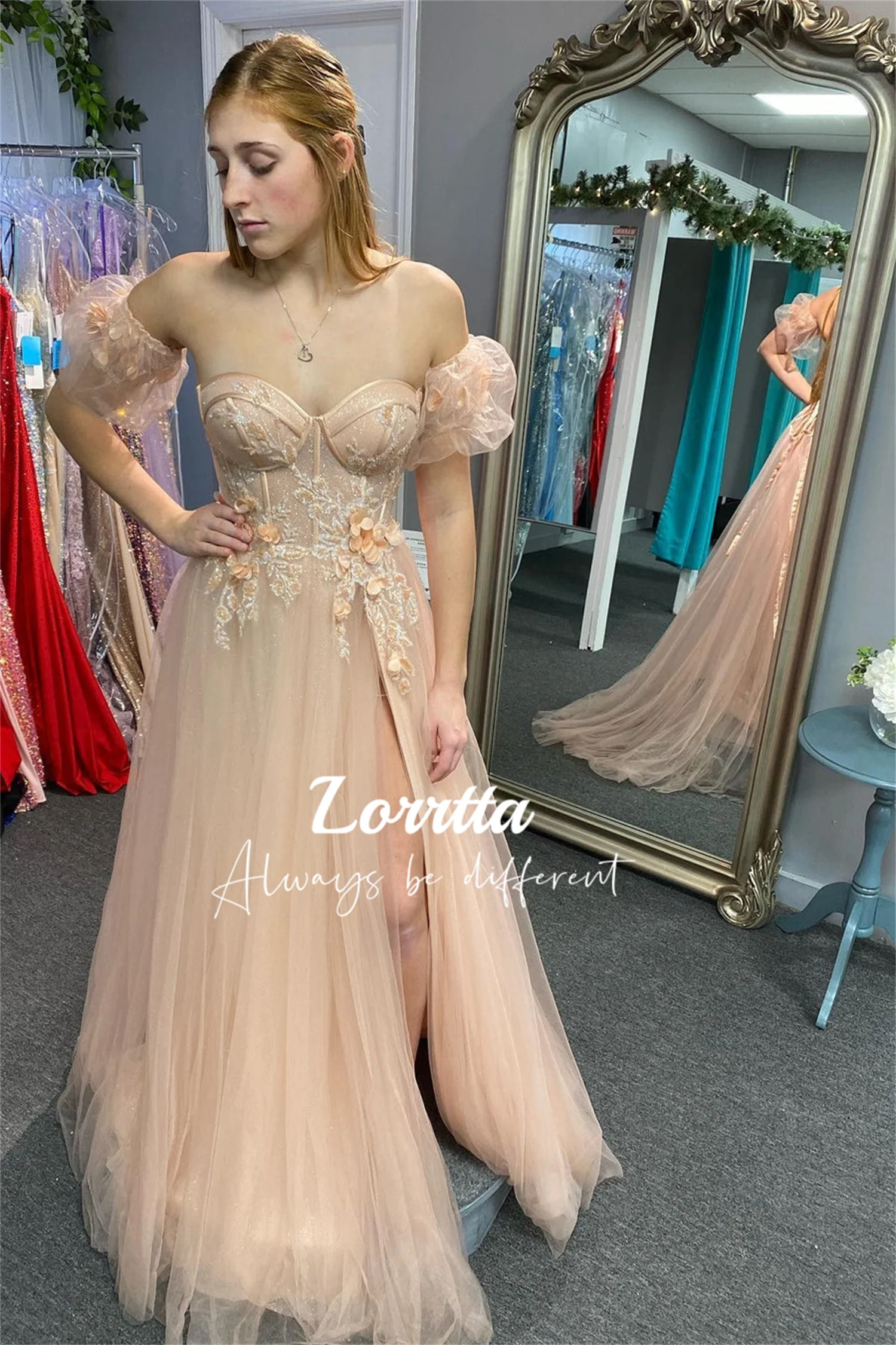 

Lorrtta Applique Side Slit Removable Sleeves Wedding Party Dress Champagne Sweetheart Neckline Dresses for Prom Elegant Girls